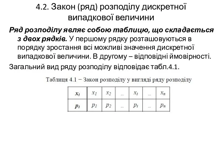 4.2. Закон (ряд) розподілу дискретної випадкової величини Ряд розподілу являє