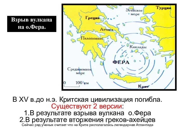 Взрыв вулкана на о.Фера. В XV в.до н.э. Критская цивилизация погибла. Существуют 2