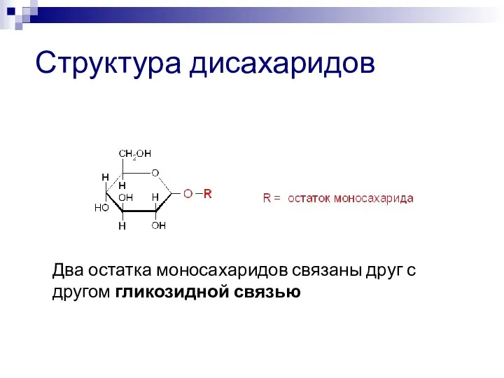 Структура дисахаридов Два остатка моносахаридов связаны друг с другом гликозидной связью