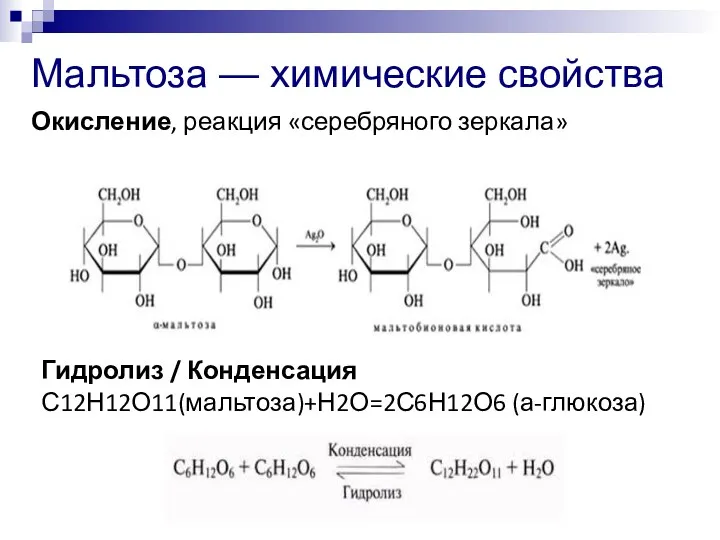 Мальтоза — химические свойства Окисление, реакция «серебряного зеркала» Гидролиз / Конденсация С12Н12О11(мальтоза)+Н2О=2С6Н12О6 (а-глюкоза)