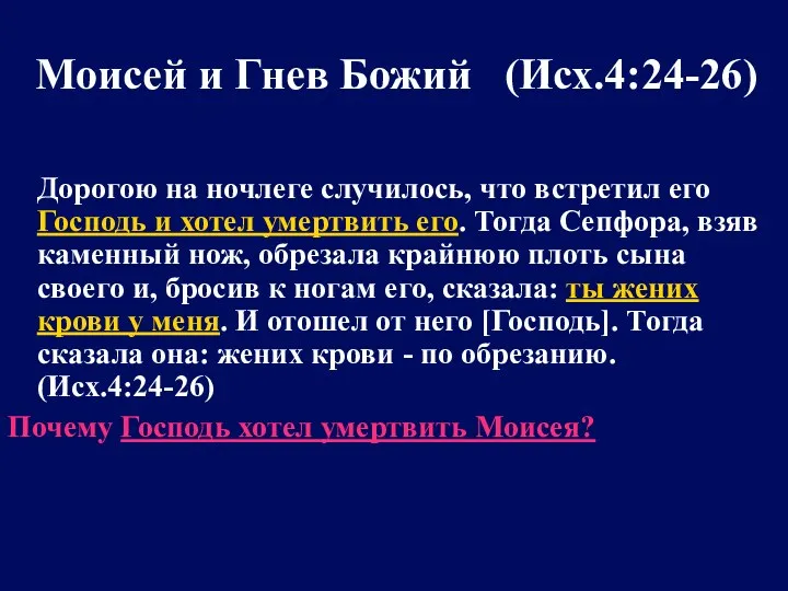 Моисей и Гнев Божий (Исх.4:24-26) Дорогою на ночлеге случилось, что встретил его Господь