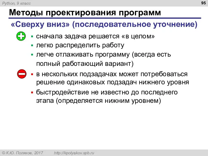 Методы проектирования программ «Сверху вниз» (последовательное уточнение) сначала задача решается