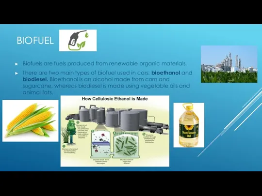 BIOFUEL Biofuels are fuels produced from renewable organic materials. There are two main