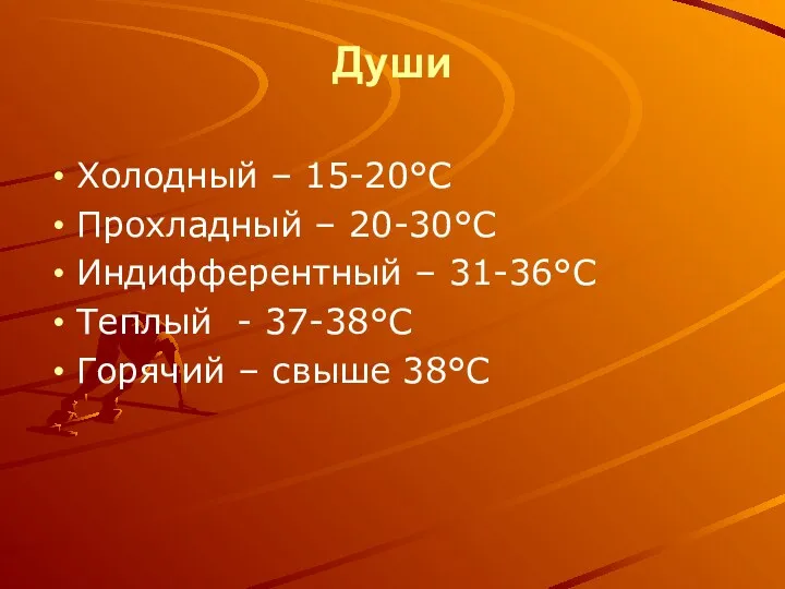 Души Холодный – 15-20°С Прохладный – 20-30°С Индифферентный – 31-36°С