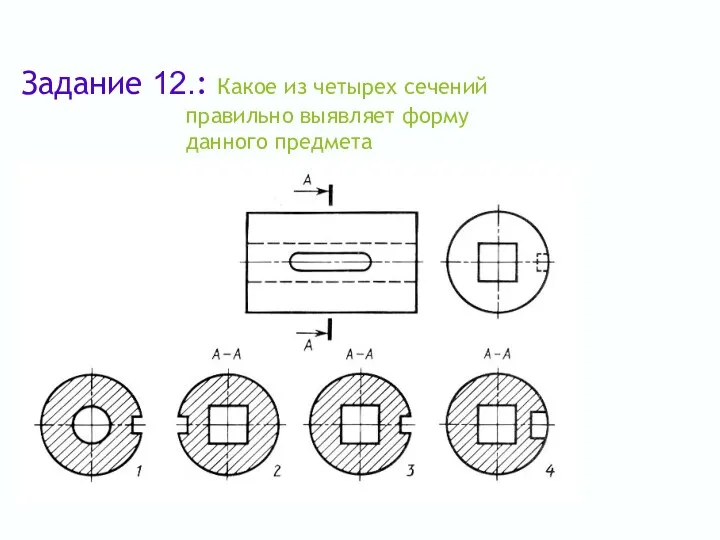 Задание 12.: Какое из четырех сечений правильно выявляет форму данного предмета