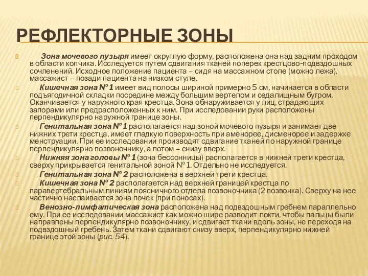 РЕФЛЕКТОРНЫЕ ЗОНЫ Зона мочевого пузыря имеет округлую форму, расположена она