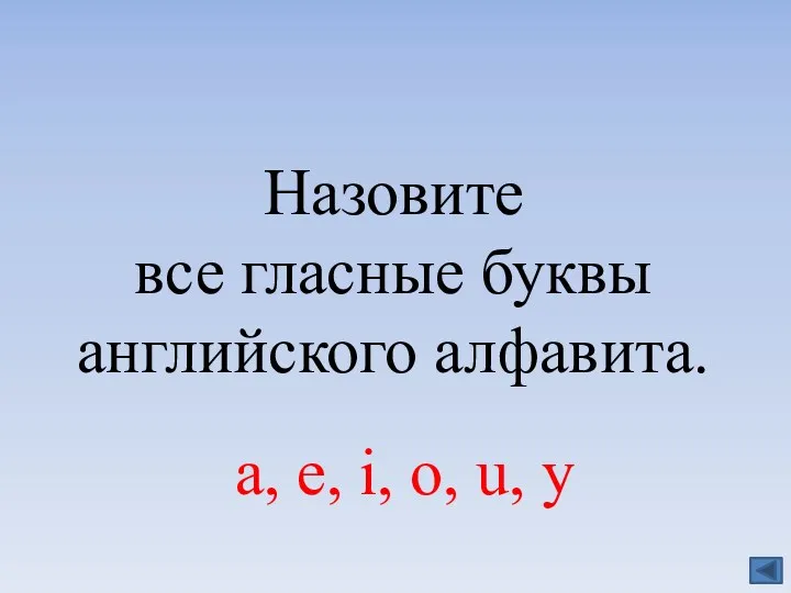 Назовите все гласные буквы английского алфавита. a, e, i, o, u, y