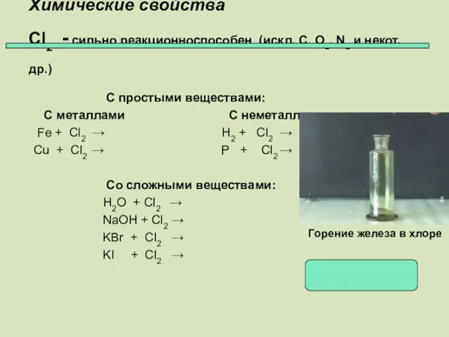 Химические свойства Cl2 - сильно реакционноспособен (искл. C, O2, N2