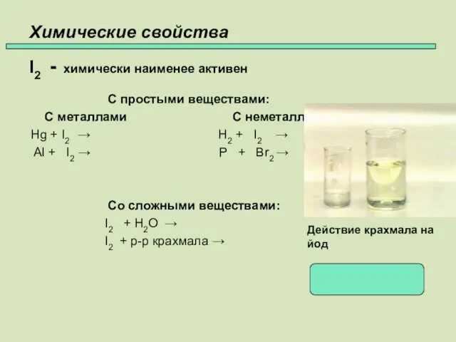 Химические свойства I2 - химически наименее активен С простыми веществами: