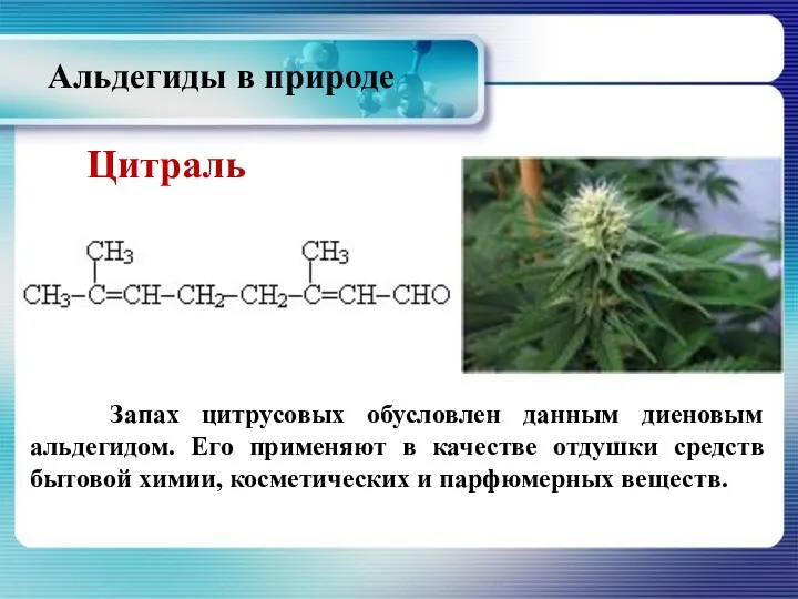 Запах цитрусовых обусловлен данным диеновым альдегидом. Его применяют в качестве