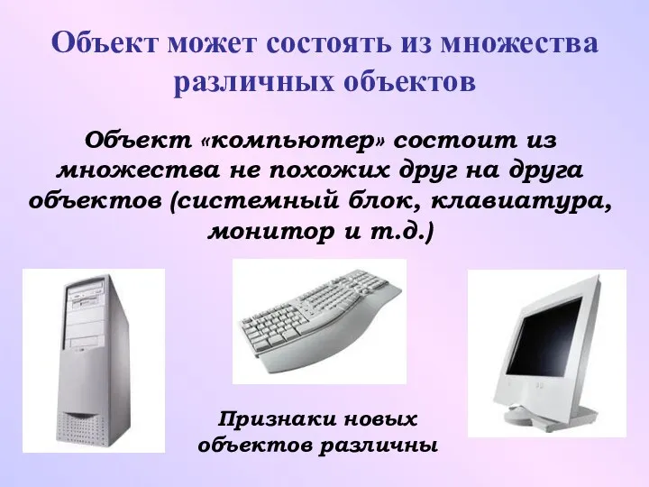 Объект может состоять из множества различных объектов Объект «компьютер» состоит из множества не