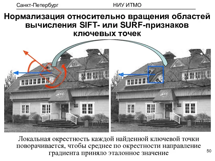 Нормализация относительно вращения областей вычисления SIFT- или SURF-признаков ключевых точек