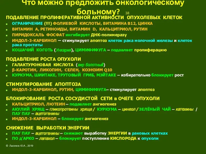 Что можно предложить онкологическому больному? 38 ПОДАВЛЕНИЕ ПРОЛИФЕРАТИВНОЙ АКТИВНОСТИ ОПУХОЛЕВЫХ