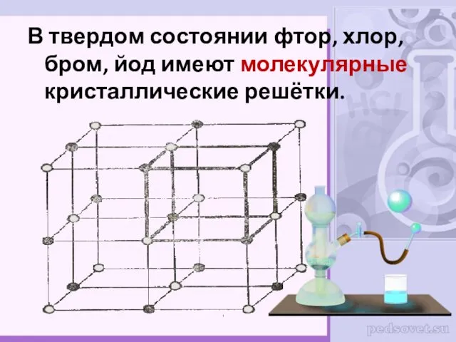 В твердом состоянии фтор, хлор, бром, йод имеют молекулярные кристаллические решётки.