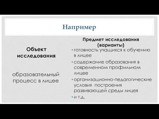 Например Объект исследования образовательный процесс в лицее Предмет исследования (варианты)