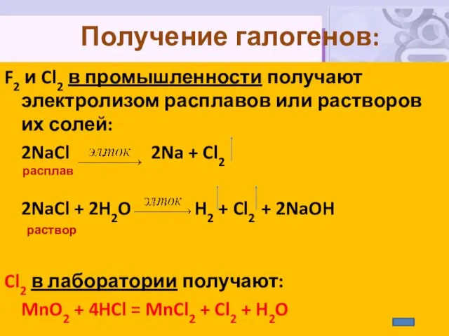 Получение галогенов: F2 и Cl2 в промышленности получают электролизом расплавов