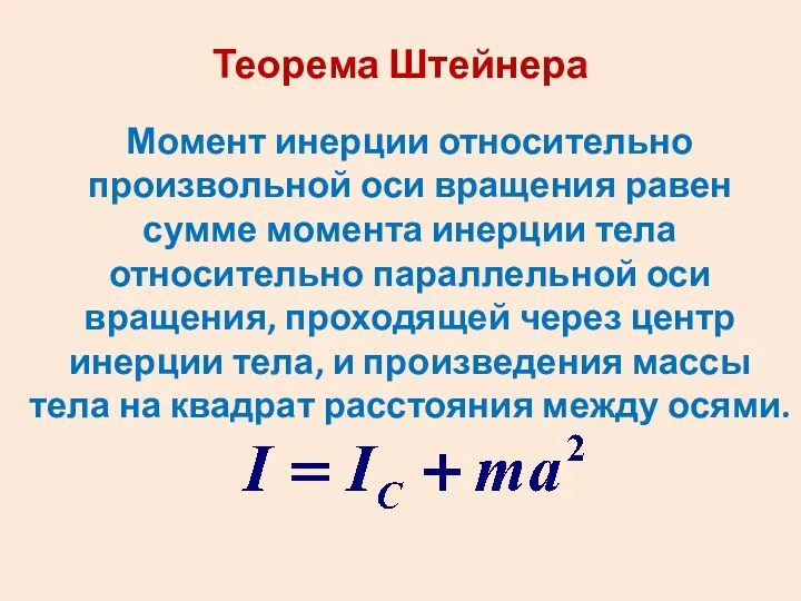 Теорема Штейнера Момент инерции относительно произвольной оси вращения равен сумме