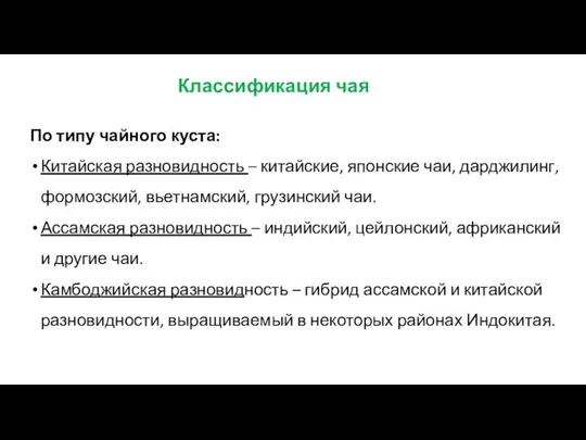 Классификация чая По типу чайного куста: Китайская разновидность – китайские,