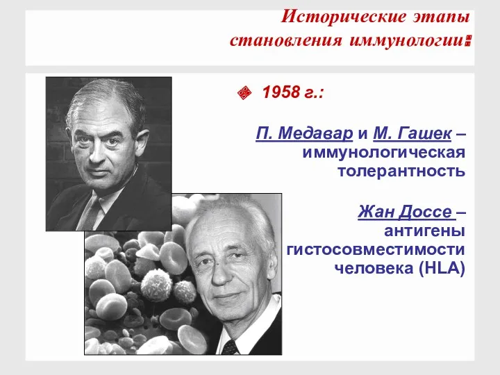1958 г.: П. Медавар и М. Гашек – иммунологическая толерантность Жан Доссе –