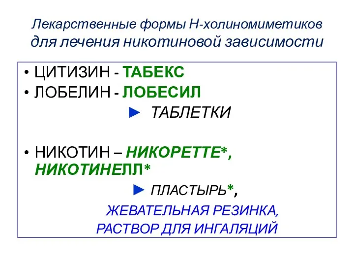 Лекарственные формы Н-холиномиметиков для лечения никотиновой зависимости ЦИТИЗИН - ТАБЕКС