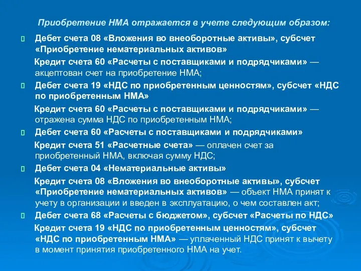 Приобретение НМА отражается в учете следующим образом: Дебет счета 08