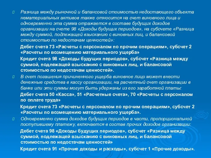 Разница между рыночной и балансовой стоимостью недостающего объекта нематериальных активов