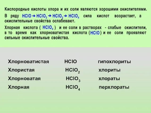 Хлорноватистая HClO гипохлориты Хлористая HClO2 хлориты Хлорноватая HClO3 хлораты Хлорная HClO4 перхлораты