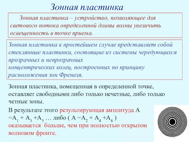 Зонная пластинка Зонная пластинка – устройство, позволяющее для светового потока