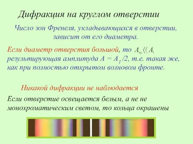 Число зон Френеля, укладывающихся в отверстии, зависит от его диаметра.