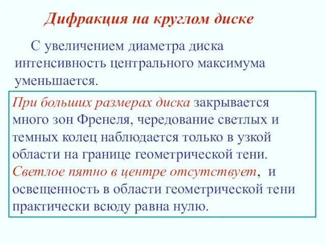 Дифракция на круглом диске С увеличением диаметра диска интенсивность центрального