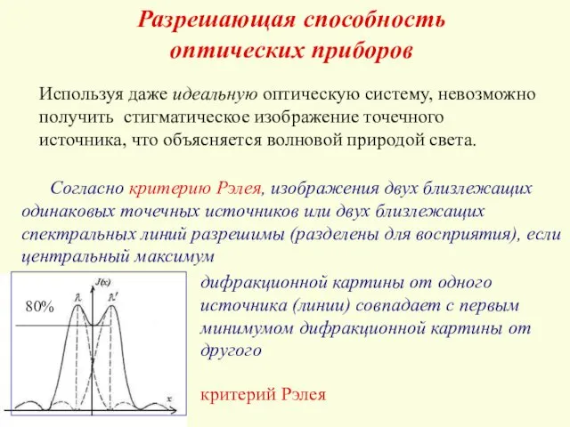 Разрешающая способность оптических приборов Используя даже идеальную оптическую систему, невозможно