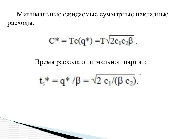 Минимальные ожидаемые суммарные накладные расходы: Время расхода оптимальной партии: