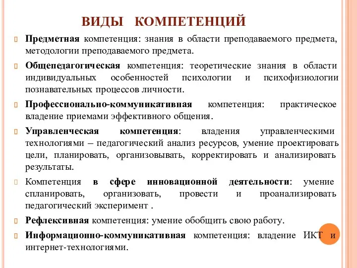 ВИДЫ КОМПЕТЕНЦИЙ Предметная компетенция: знания в области преподаваемого предмета, методологии