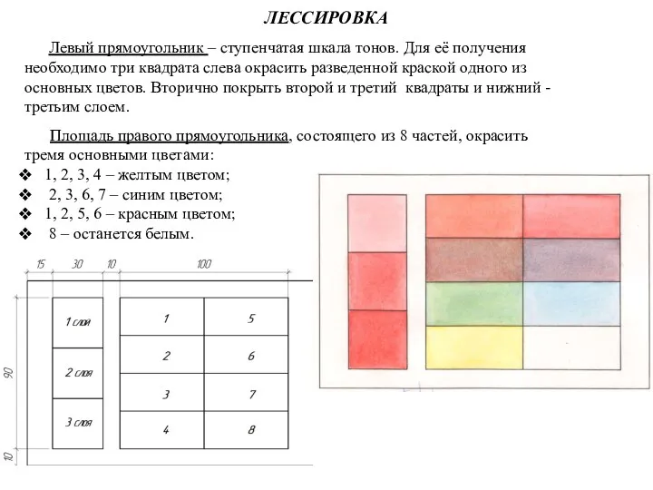 ЛЕССИРОВКА Площадь правого прямоугольника, состоящего из 8 частей, окрасить тремя