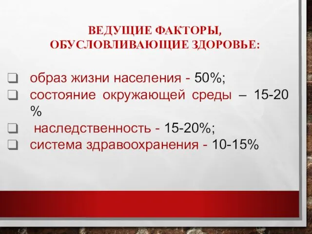 ВЕДУЩИЕ ФАКТОРЫ, ОБУСЛОВЛИВАЮЩИЕ ЗДОРОВЬЕ: образ жизни населения - 50%; состояние