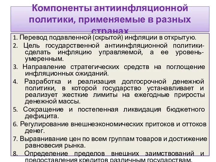 Компоненты антиинфляционной политики, применяемые в разных странах 1. Перевод подавленной