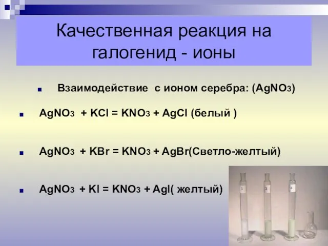 Качественная реакция на галогенид - ионы Взаимодействие с ионом серебра: (AgNO3) AgNO3 +