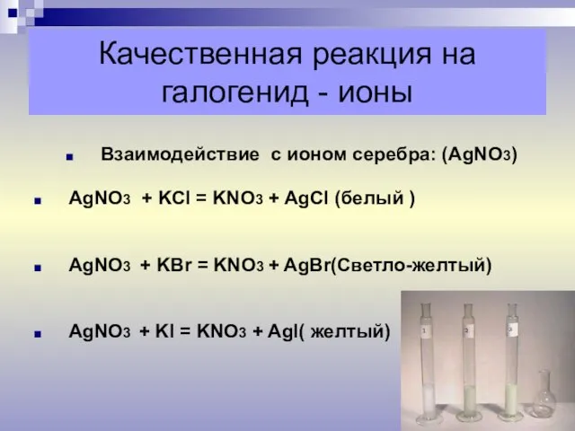 Качественная реакция на галогенид - ионы Взаимодействие с ионом серебра: