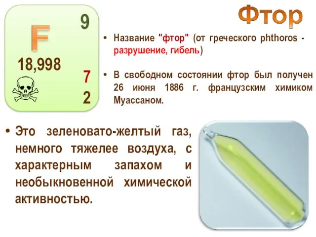 Название "фтор" (от греческого phthoros - разрушение, гибель) Это зеленовато-желтый