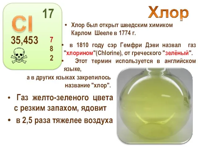 Хлор был открыт шведским химиком Карлом Шееле в 1774 г. Газ желто-зеленого цвета