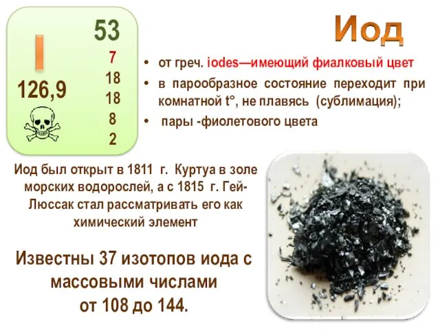 от греч. iodes—имеющий фиалковый цвет в парообразное состояние переходит при комнатной t°, не