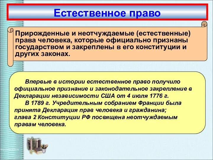 Впервые в истории естественное право получило официальное признание и законодательное