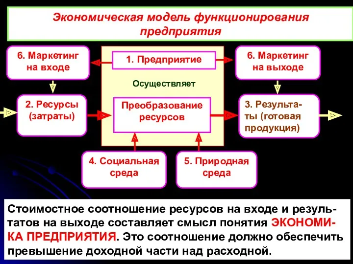 Экономическая модель функционирования предприятия Стоимостное соотношение ресурсов на входе и