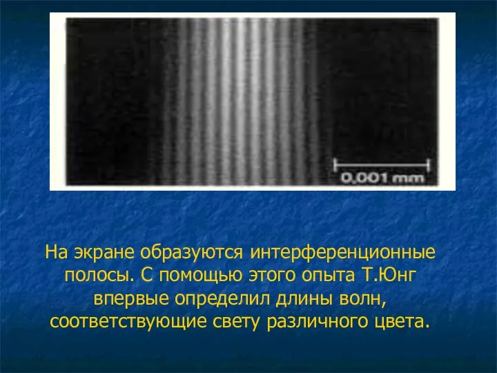 На экране образуются интерференционные полосы. С помощью этого опыта Т.Юнг