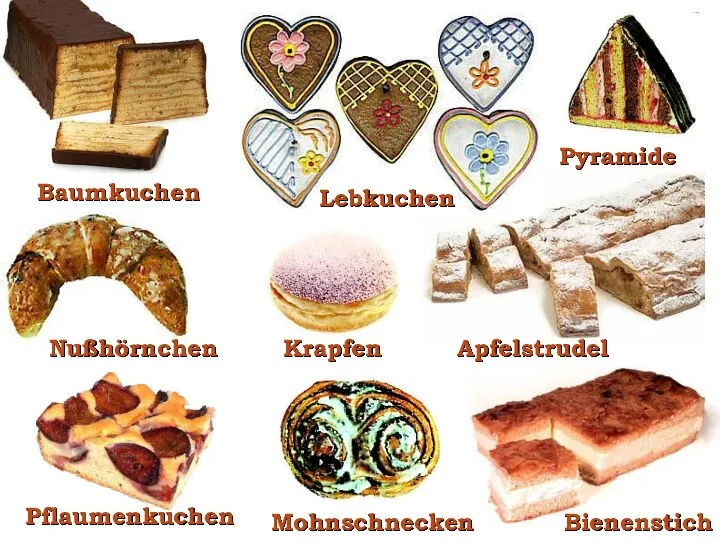 Bienenstich Apfelstrudel Lebkuchen Pyramide Baumkuchen Pflaumenkuchen Nußhörnchen Mohnschnecken Krapfen