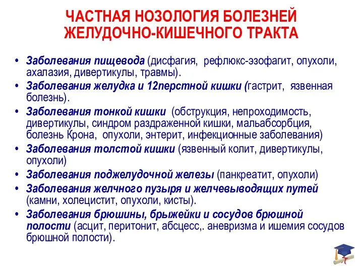 ЧАСТНАЯ НОЗОЛОГИЯ БОЛЕЗНЕЙ ЖЕЛУДОЧНО-КИШЕЧНОГО ТРАКТА Заболевания пищевода (дисфагия, рефлюкс-эзофагит, опухоли,