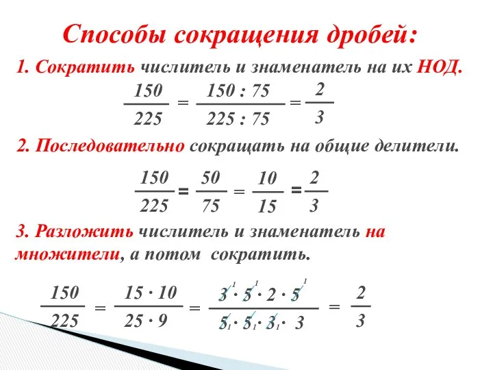 Способы сокращения дробей: 1. Сократить числитель и знаменатель на их