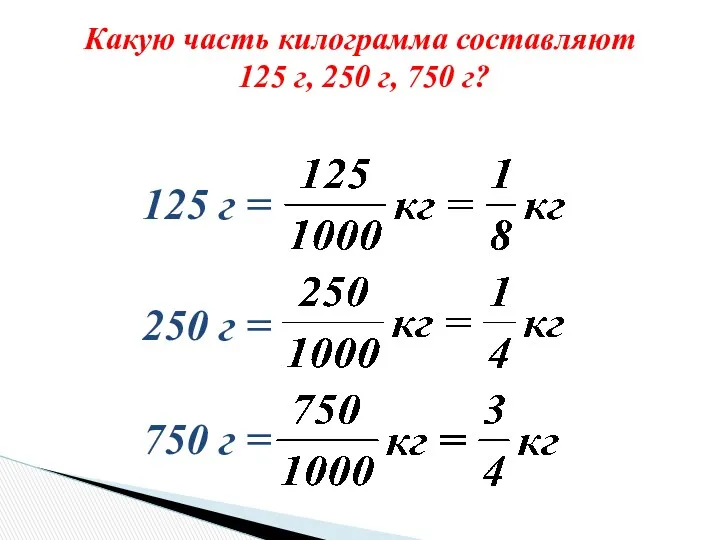 Какую часть килограмма составляют 125 г, 250 г, 750 г?