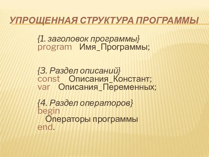 УПРОЩЕННАЯ СТРУКТУРА ПРОГРАММЫ {1. заголовок программы} program Имя_Программы; {3. Раздел