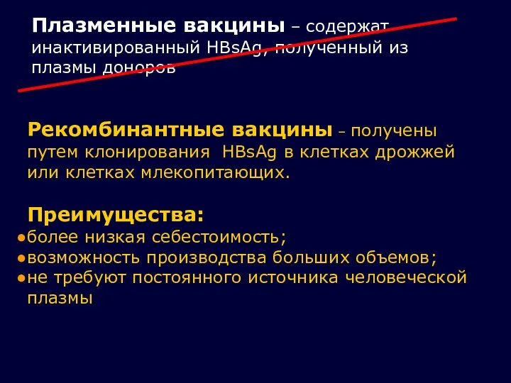 Плазменные вакцины – содержат инактивированный HBsAg, полученный из плазмы доноров Рекомбинантные вакцины –